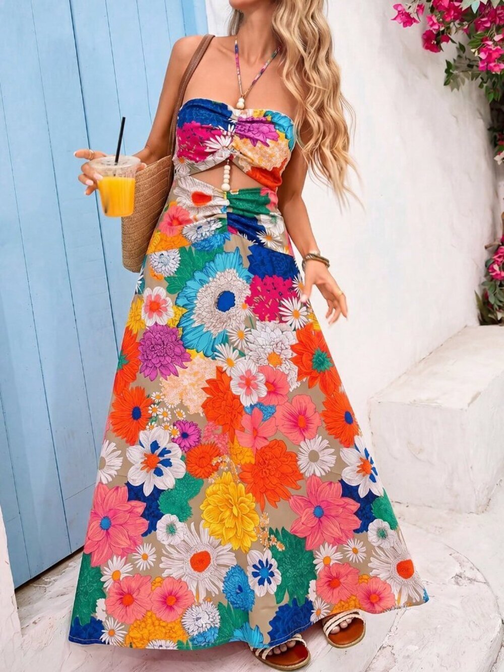 Multicolor Boho Women's Vacation floral Printed Halter Neck Dress - Picture 6 of 7